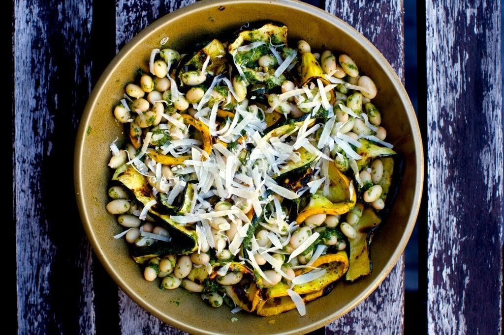 Grilled Zucchini Ribbons with Pesto and White Beans